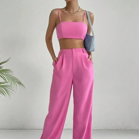 Pink Casual womens Solid Crop Cami Top & Wide Leg Pants - Picture 5 of 5